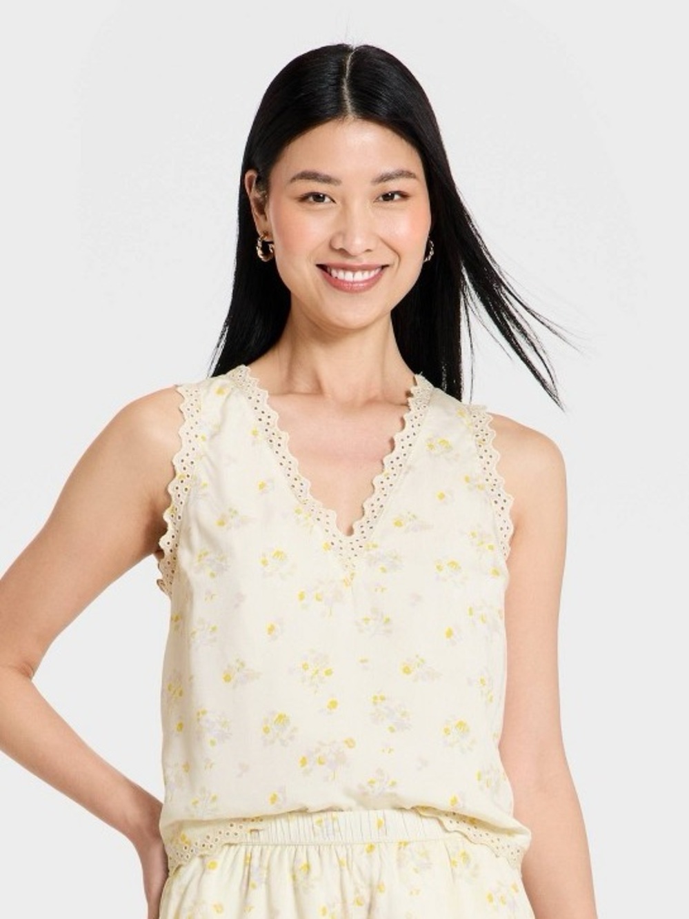 Women's pastel Printed Lace Trim V-Neck Tank Top - a New Day Yellow Floral XS